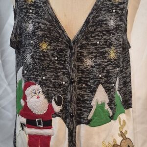 Holiday Time Gray Sweater Vest Santa and Rudolf Women's Size L